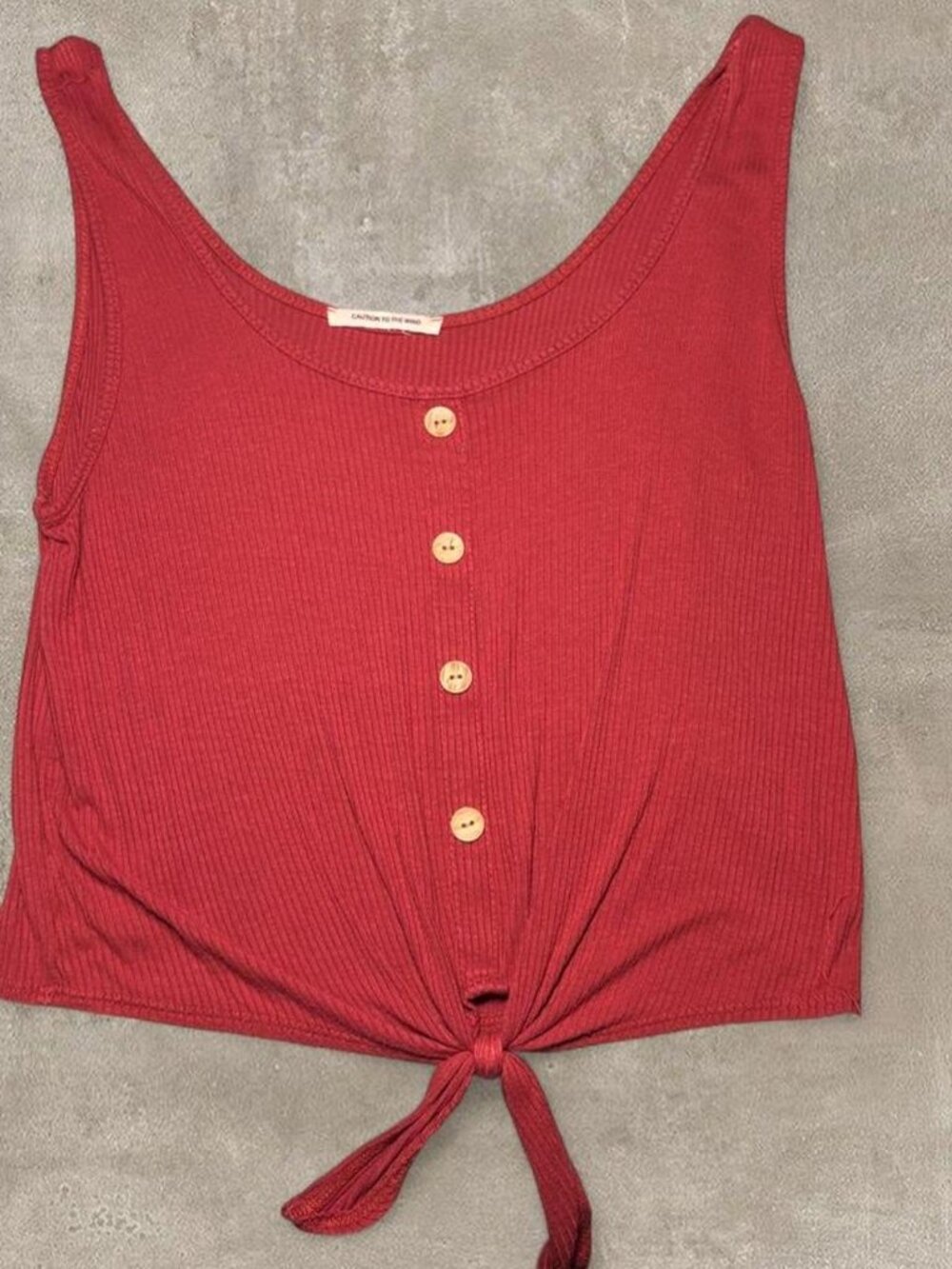 Red-orange tank with waist tie and cream buttons - size M